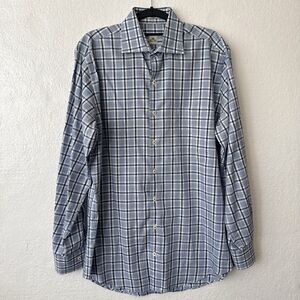 Peter Millar Mens Medium Blue Plaid Button Down Long Sleeve Cotton Dress Shirt